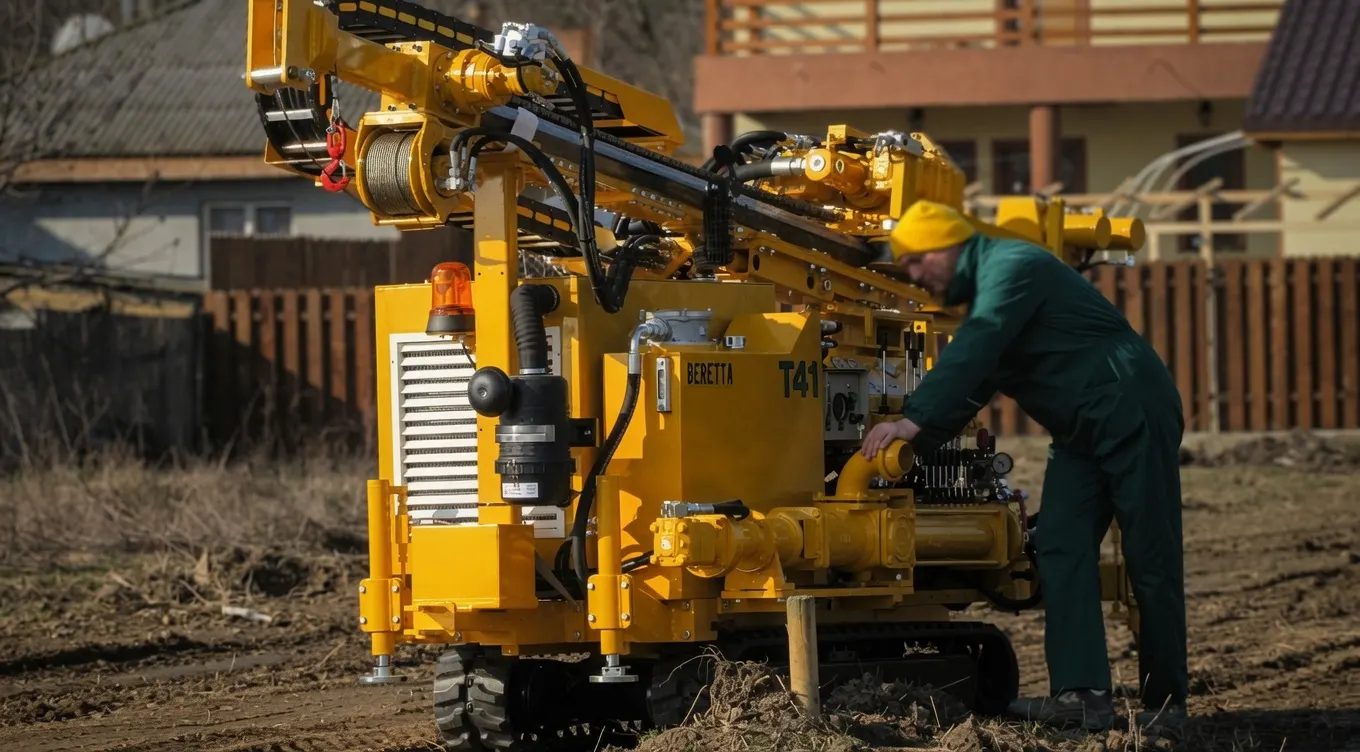 Echipa Constructori Evaluați verificând utilajul de foraj, Brașov