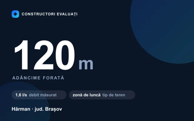 Foraj puț 120 m la Hărman — debit măsurat 1,6 l/s, teren zonă de luncă