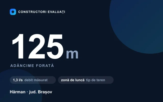 Foraj puț 125 m la Hărman — debit măsurat 1,3 l/s, teren zonă de luncă
