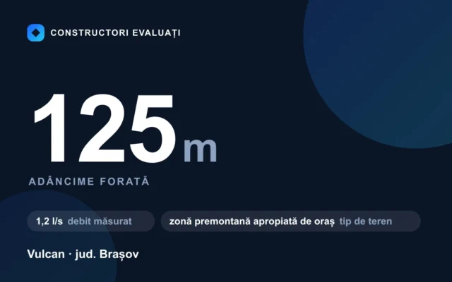 Foraj puț 125 m la Vulcan — debit măsurat 1,2 l/s, teren zonă premontană apropiată de oraș