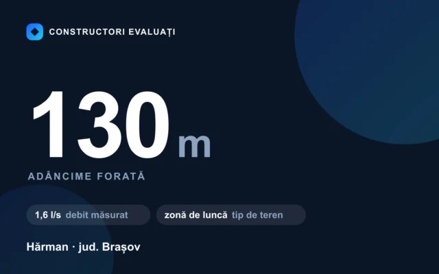 Foraj puț 130 m la Hărman — debit măsurat 1,6 l/s, teren zonă de luncă