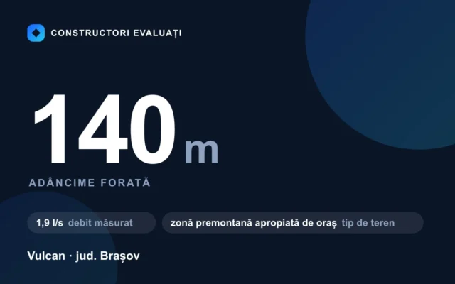 Foraj puț 140 m la Vulcan — debit măsurat 1,9 l/s, teren zonă premontană apropiată de oraș