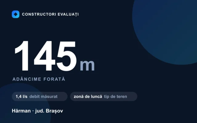 Foraj puț 145 m la Hărman — debit măsurat 1,4 l/s, teren zonă de luncă