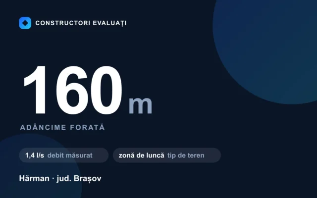 Foraj puț 160 m la Hărman — debit măsurat 1,4 l/s, teren zonă de luncă