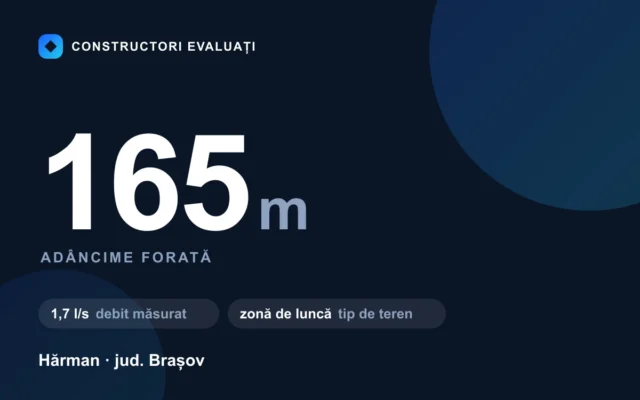 Foraj puț 165 m la Hărman — debit măsurat 1,7 l/s, teren zonă de luncă