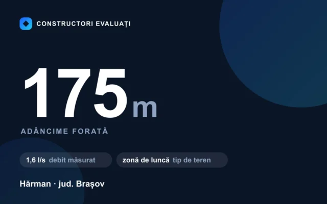 Foraj puț 175 m la Hărman — debit măsurat 1,6 l/s, teren zonă de luncă