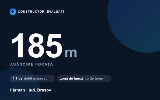 Foraj puț 185 m la Hărman — debit măsurat 1,7 l/s, teren zonă de luncă