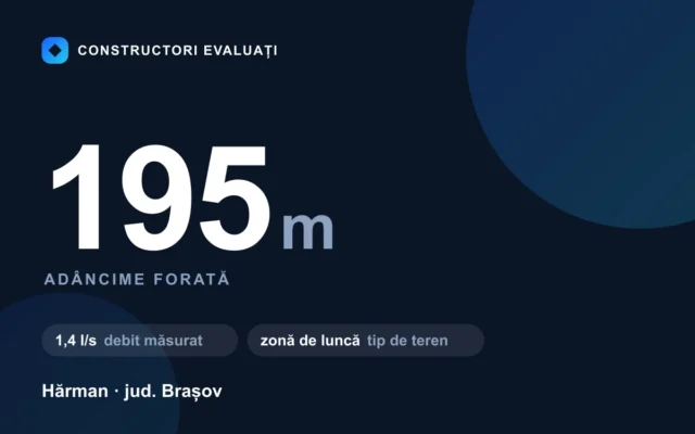 Foraj puț 195 m la Hărman — debit măsurat 1,4 l/s, teren zonă de luncă