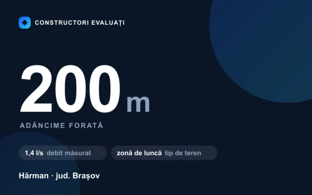 Foraj puț 200 m la Hărman — debit măsurat 1,4 l/s, teren zonă de luncă