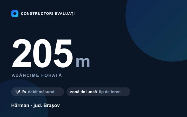 Foraj puț 205 m la Hărman — debit măsurat 1,6 l/s, teren zonă de luncă