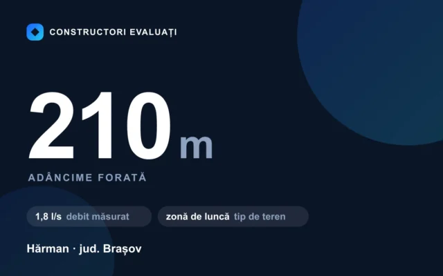 Foraj puț 210 m la Hărman — debit măsurat 1,8 l/s, teren zonă de luncă