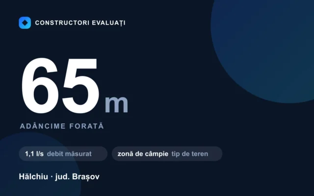 Foraj puț 65 m la Hălchiu — debit măsurat 1,1 l/s, teren zonă de câmpie