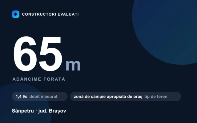 Foraj puț 65 m la Sânpetru — debit măsurat 1,4 l/s, teren zonă de câmpie apropiată de oraș