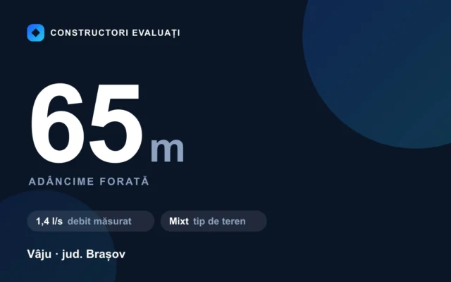 Foraj puț 65 m la Vâju — debit măsurat 1,4 l/s, teren mixt
