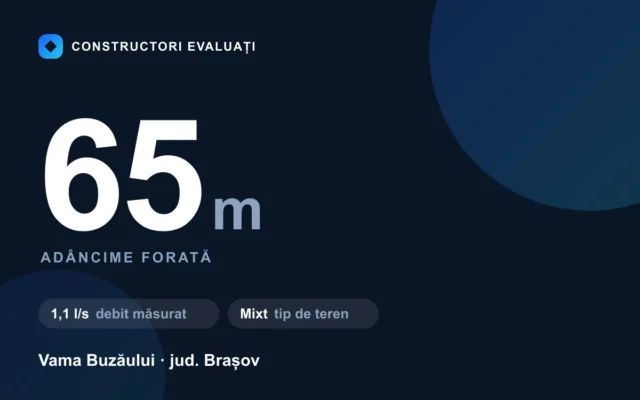 Foraj puț 65 m la Vama Buzăului — debit măsurat 1,1 l/s, teren mixt