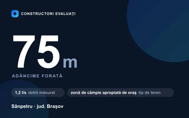 Foraj puț 75 m la Sânpetru — debit măsurat 1,2 l/s, teren zonă de câmpie apropiată de oraș