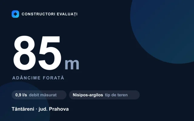 Foraj puț 85 m la Tântăreni — debit măsurat 0,9 l/s, teren nisipos-argilos