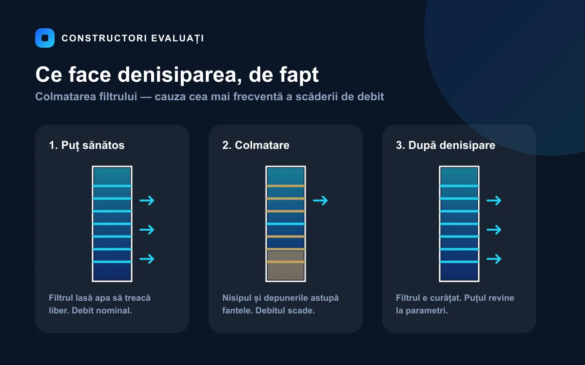 Cele trei stadii ale unui filtru de puț forat: filtru sănătos cu debit nominal, filtru colmatat cu nisip și depuneri, și filtru curățat după denisipare