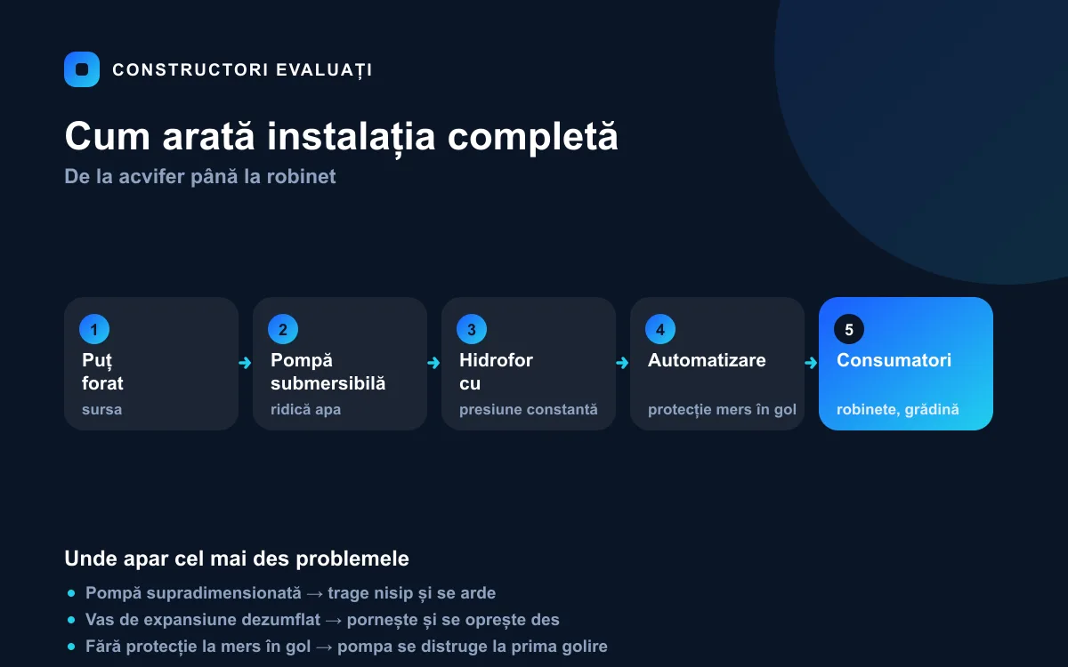 Schema unei instalații de apă din puț forat: puț, pompă submersibilă, hidrofor cu vas de expansiune, automatizare cu protecție la mers în gol și consumatori