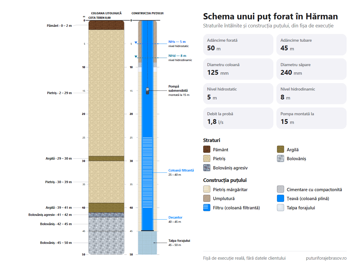 Schema puțului forat în Hărman: straturile de la 0 la 50 m, coloana de tubare de 125 mm, filtrele și nivelul apei